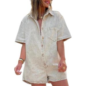 imageCHARTOU Women Oversized Button Front Denim Romper Short Sleeve Utility Jean Overall Shorts with PocketsApricot