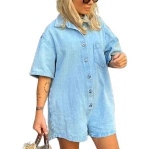 imageCHARTOU Women Oversized Button Front Denim Romper Short Sleeve Utility Jean Overall Shorts with PocketsBlue