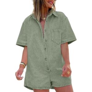 imageCHARTOU Women Oversized Button Front Denim Romper Short Sleeve Utility Jean Overall Shorts with PocketsGreen