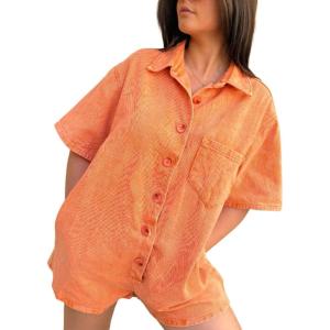 imageCHARTOU Women Oversized Button Front Denim Romper Short Sleeve Utility Jean Overall Shorts with PocketsOrange
