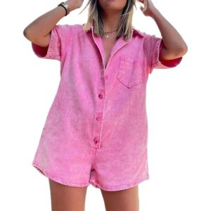 imageCHARTOU Women Oversized Button Front Denim Romper Short Sleeve Utility Jean Overall Shorts with PocketsPink