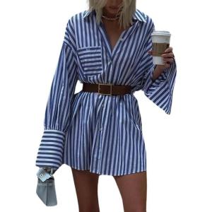 imageCHARTOU Women Oversized Shirt Dress Striped Long Sleeve Button Down Blouse DressesBlue