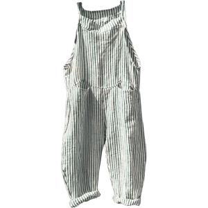 imageCHARTOU Women Oversized Summer Casual Stripes Cargo Jumpsuit Wide Leg Bib Overall Striped Linen Pants Dungarees PocketGreen Stripe