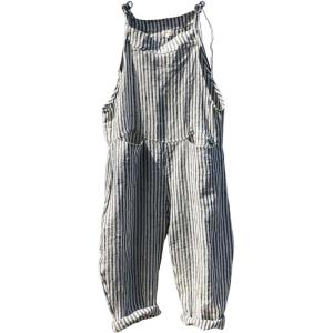 imageCHARTOU Women Oversized Summer Casual Stripes Cargo Jumpsuit Wide Leg Bib Overall Striped Linen Pants Dungarees PocketGrey Stripe