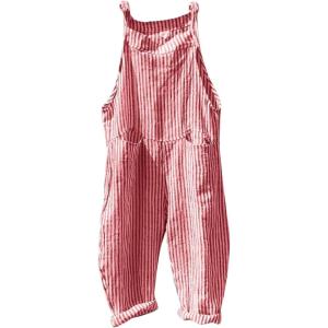 imageCHARTOU Women Oversized Summer Casual Stripes Cargo Jumpsuit Wide Leg Bib Overall Striped Linen Pants Dungarees PocketRed Stripe