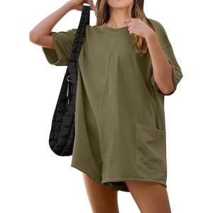 imageCHARTOU Women Oversized T Shirt Romper Short Sleeve Jumpsuit Overall Athletic Workout Modest Mini Tee RomperArmy Green