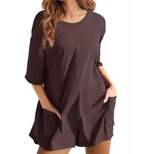 imageCHARTOU Women Oversized T Shirt Romper Short Sleeve Jumpsuit Overall Athletic Workout Modest Mini Tee RomperDark Brown