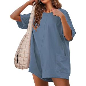 imageCHARTOU Women Oversized T Shirt Romper Short Sleeve Jumpsuit Overall Athletic Workout Modest Mini Tee RomperPeacock Blue