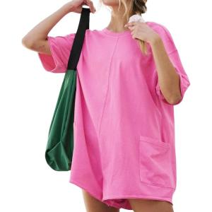 imageCHARTOU Women Oversized T Shirt Romper Short Sleeve Jumpsuit Overall Athletic Workout Modest Mini Tee RomperPink