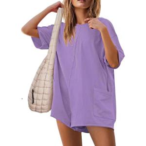 imageCHARTOU Women Oversized T Shirt Romper Short Sleeve Jumpsuit Overall Athletic Workout Modest Mini Tee RomperViolet