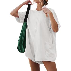 imageCHARTOU Women Oversized T Shirt Romper Short Sleeve Jumpsuit Overall Athletic Workout Modest Mini Tee RomperWhite