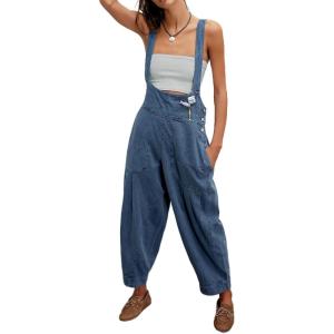 imageCHARTOU Women Sleeveless Denim Overalls Casual Pleated Jean Jumpsuits Baggy Jeans Harem Pants with PocketsBlue