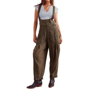 imageCHARTOU Women Sleeveless Denim Overalls Casual Pleated Jean Jumpsuits Baggy Jeans Harem Pants with PocketsDark Brown