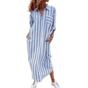 imageCHARTOU Women Striped Shirt Dress Cotton Linen Roll Up Sleeve Loose Beach Vacation Maxi DressBlue White