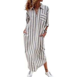 imageCHARTOU Women Striped Shirt Dress Cotton Linen Roll Up Sleeve Loose Beach Vacation Maxi DressGrey White