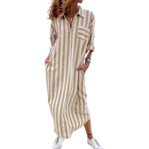 imageCHARTOU Women Striped Shirt Dress Cotton Linen Roll Up Sleeve Loose Beach Vacation Maxi DressYellow