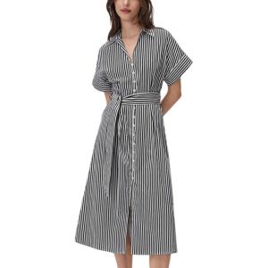 imageCHARTOU Women Striped Summer Dresses 2025 Short Sleeve Color Block Casual Button Down Shirt Dress with BeltBlack