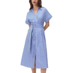 imageCHARTOU Women Striped Summer Dresses 2025 Short Sleeve Color Block Casual Button Down Shirt Dress with BeltBlue