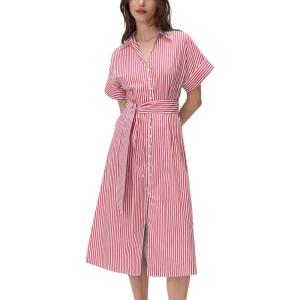 imageCHARTOU Women Striped Summer Dresses 2025 Short Sleeve Color Block Casual Button Down Shirt Dress with BeltRed