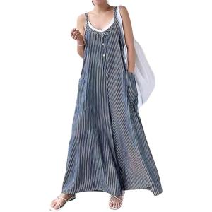 imageCHARTOU Women Summer Baggy Striped Jumpsuit Sleeveless Wide Leg Pants Romper OutfitsBlue