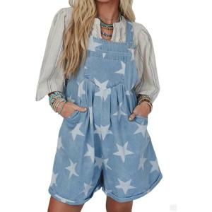 imageCHARTOU Women Summer Bib Denim Short Overalls Star Printed RollUp Wide Leg Pleated Jean Romper JumpsuitBlue