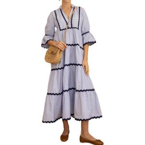 imageCHARTOU Women Summer Boho RIC RAC Striped Tiered Maxi Dress 34 Sleeve Ruffle Ruched Swing Beach Shirt DressBlue