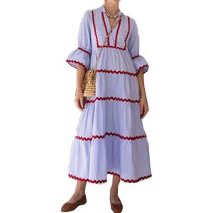 imageCHARTOU Women Summer Boho RIC RAC Striped Tiered Maxi Dress 34 Sleeve Ruffle Ruched Swing Beach Shirt DressRed