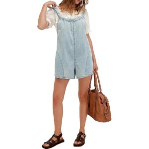 imageCHARTOU Women Summer Casual Denim Romper Adjustable Straps Wide Leg Shorts Jumpsuit with PocketsLight Blue