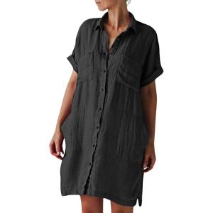 imageCHARTOU Women Summer Cotton Linen Button Down Shirt Dress Gauze Short Sleeve Shift Dress Seersucker Flowy Cover Ups PocketsBlack