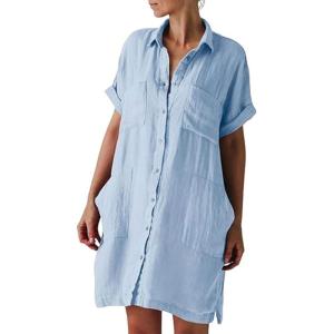 imageCHARTOU Women Summer Cotton Linen Button Down Shirt Dress Gauze Short Sleeve Shift Dress Seersucker Flowy Cover Ups PocketsBlue