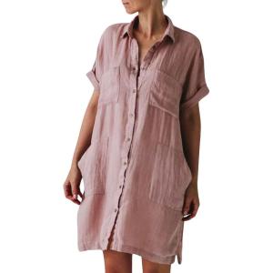 imageCHARTOU Women Summer Cotton Linen Button Down Shirt Dress Gauze Short Sleeve Shift Dress Seersucker Flowy Cover Ups PocketsPink