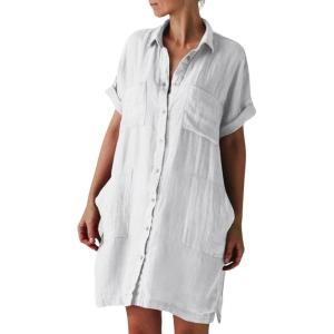 imageCHARTOU Women Summer Cotton Linen Button Down Shirt Dress Gauze Short Sleeve Shift Dress Seersucker Flowy Cover Ups PocketsWhite