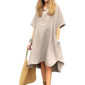 imageCHARTOU Women Summer Cotton Linen Dress with Pockets Half Sleeve Causal Loose Fit Tunic Shirt DressApricot