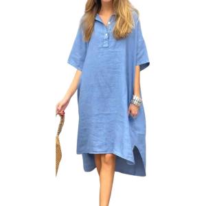 imageCHARTOU Women Summer Cotton Linen Dress with Pockets Half Sleeve Causal Loose Fit Tunic Shirt DressBlue