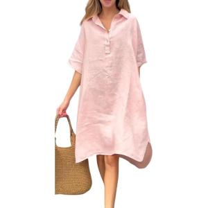 imageCHARTOU Women Summer Cotton Linen Dress with Pockets Half Sleeve Causal Loose Fit Tunic Shirt DressPink
