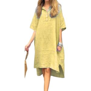 imageCHARTOU Women Summer Cotton Linen Dress with Pockets Half Sleeve Causal Loose Fit Tunic Shirt DressYellow