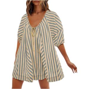 imageCHARTOU Women Summer Flowy Short Rompers Oversize Striped Puff Jumpsuit Short Sleeve Dress Romper OverallsApricot