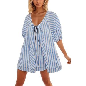 imageCHARTOU Women Summer Flowy Short Rompers Oversize Striped Puff Jumpsuit Short Sleeve Dress Romper OverallsBlue