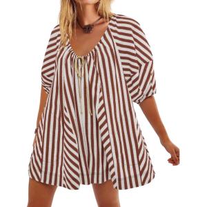 imageCHARTOU Women Summer Flowy Short Rompers Oversize Striped Puff Jumpsuit Short Sleeve Dress Romper OverallsCoffee