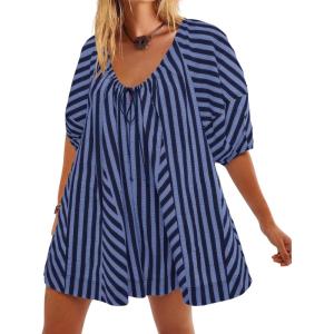 imageCHARTOU Women Summer Flowy Short Rompers Oversize Striped Puff Jumpsuit Short Sleeve Dress Romper OverallsDark Blue