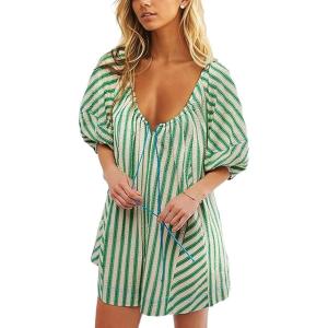 imageCHARTOU Women Summer Flowy Short Rompers Oversize Striped Puff Jumpsuit Short Sleeve Dress Romper OverallsGreen