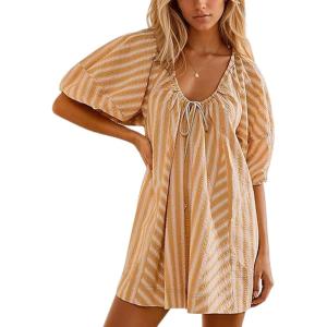 imageCHARTOU Women Summer Flowy Short Rompers Oversize Striped Puff Jumpsuit Short Sleeve Dress Romper OverallsKhaki