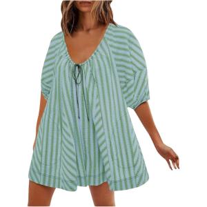 imageCHARTOU Women Summer Flowy Short Rompers Oversize Striped Puff Jumpsuit Short Sleeve Dress Romper OverallsLight Green