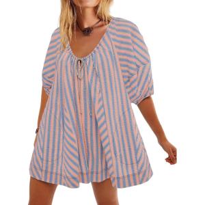 imageCHARTOU Women Summer Flowy Short Rompers Oversize Striped Puff Jumpsuit Short Sleeve Dress Romper OverallsLight Pink