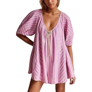 imageCHARTOU Women Summer Flowy Short Rompers Oversize Striped Puff Jumpsuit Short Sleeve Dress Romper OverallsPink