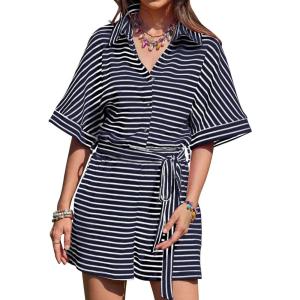 imageCHARTOU Women Summer Stripes Romper Jumpsuit Short Sleeve Button Up Shirt Elastic Waist Overall with PocketsBlue