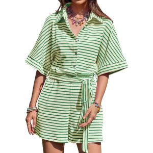 imageCHARTOU Women Summer Stripes Romper Jumpsuit Short Sleeve Button Up Shirt Elastic Waist Overall with PocketsGreen