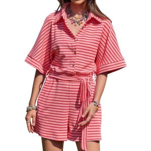 imageCHARTOU Women Summer Stripes Romper Jumpsuit Short Sleeve Button Up Shirt Elastic Waist Overall with PocketsRed