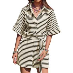 imageCHARTOU Women Summer Stripes Romper Jumpsuit Short Sleeve Button Up Shirt Elastic Waist Overall with PocketsWhite