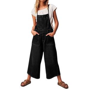 imageCHARTOU Women Wide Leg Back Tie Denim Bib Overall Jumpsuit Y2k Baggy Cropped Cargo Jeans Pants with PocketsBlack
